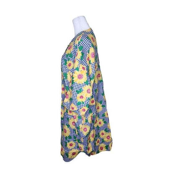 Vintage 90s Long Sleeve Kaftan Dress Gingham Sunflowers Womens Size 2XL Blue Yel - Picture 5 of 6